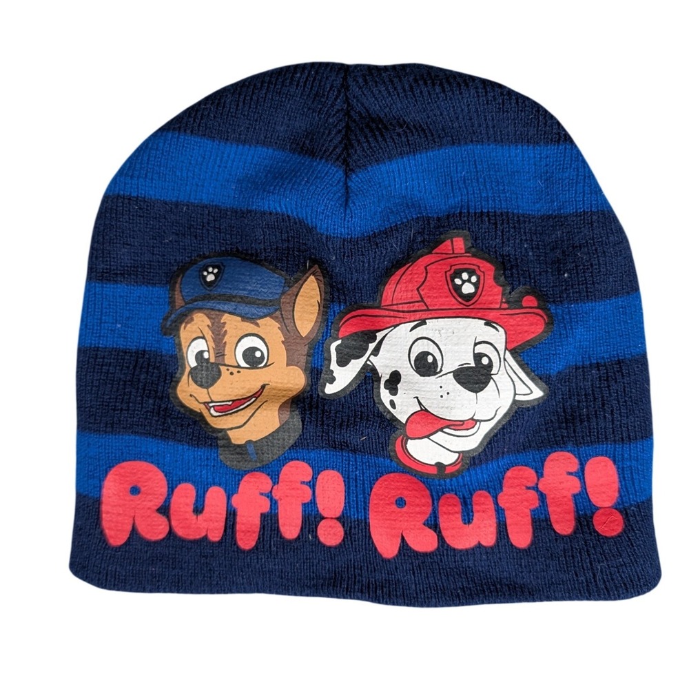 Paw Patrol Kids Blue Striped Knit Beanie Hat Chase Marshall Ruff Ruff Winter Cap